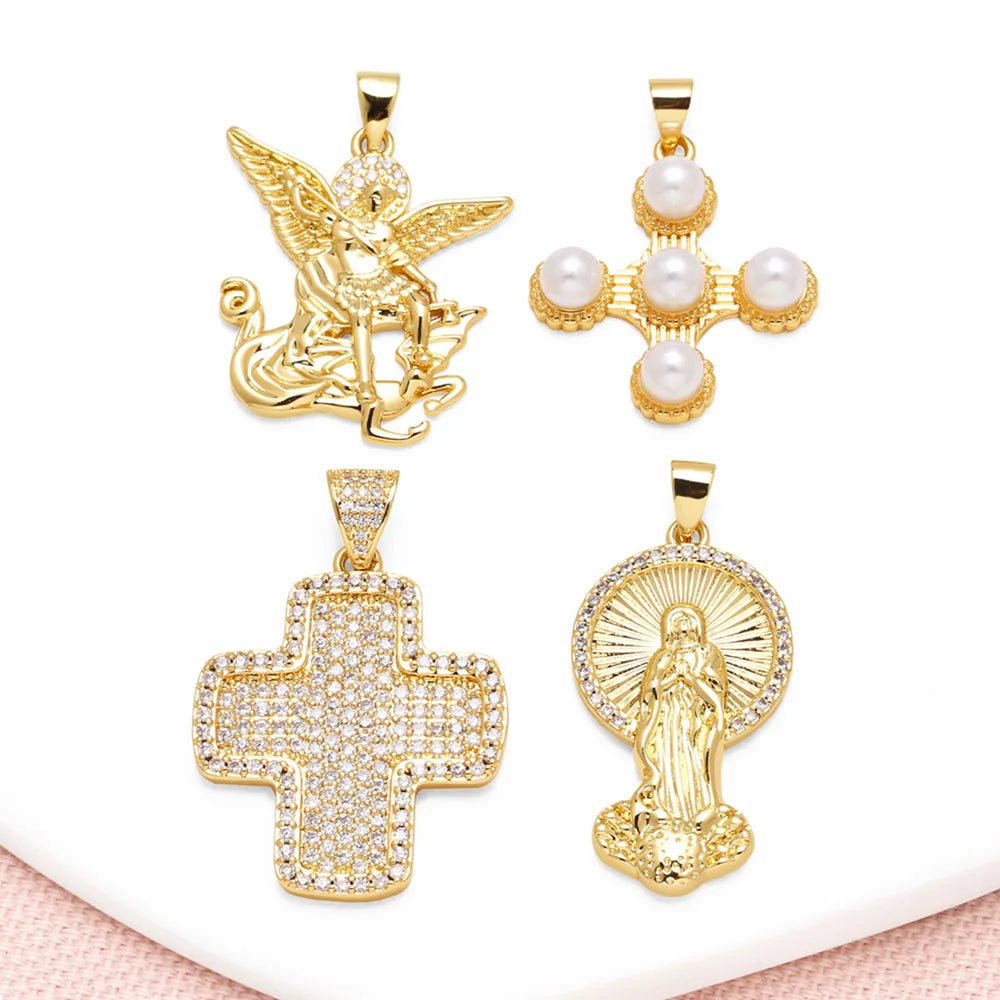 OCESRIO White Crystal Big Cross Pendant for Necklace Copper Gold Plated Jesus Beads Crucifix Jewelry Making Supplies pdta698