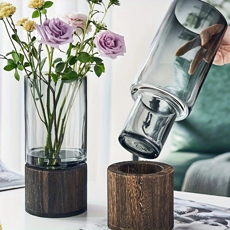 Elegant Glass Vase with Wooden Base for Hydroponic Plants,  Modern Tabletop Floral Arrangement Home Decoration