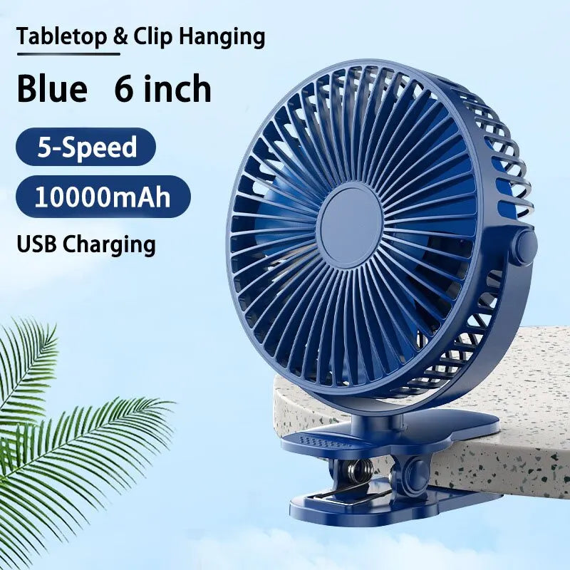 Portable USB Table Fan Clip-on Type 5000/10000mAh Rechargeable Mini Desk Fan 720 Degree Rotation 5 Speeds Adjustable Clip-on Fan