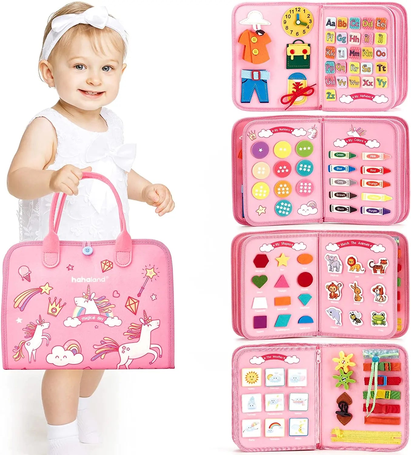 Toddlers Travel Busy Board for Boys Girls Montessori Toys for 2+ Year Old Preschool Learning Life Skill, Alphabet, Number, Shape