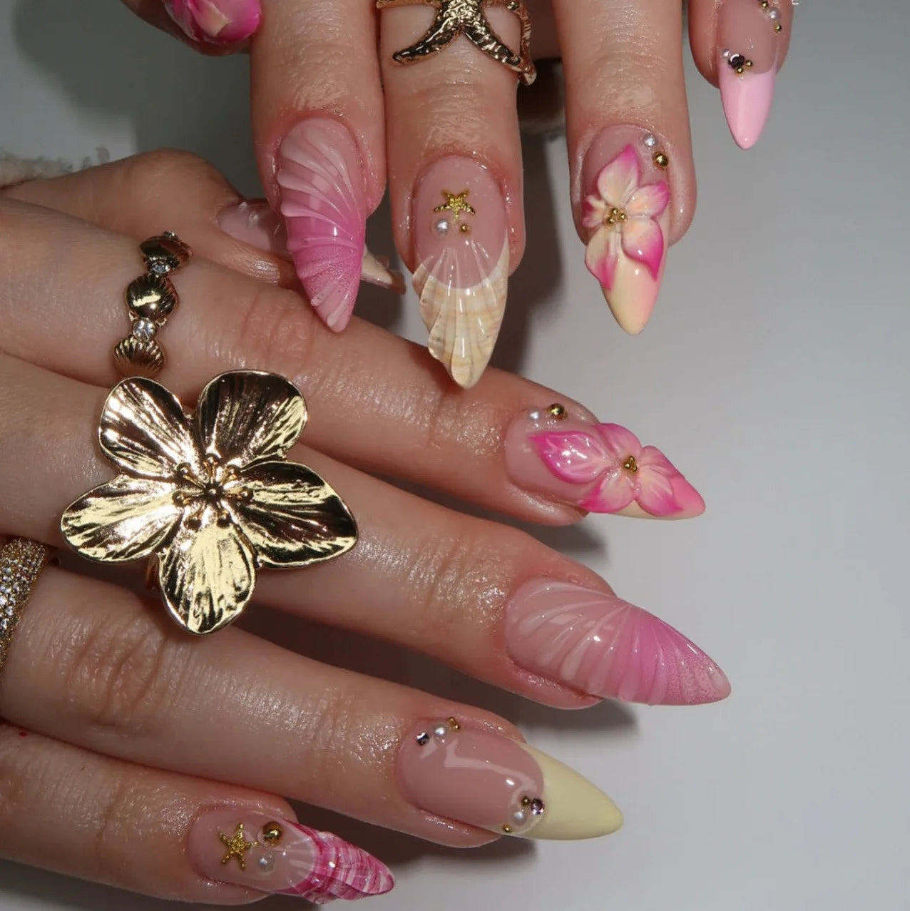 24PCS 3D Sweet Pink Flower Almond Press on False Nails with Yellow French Diamonds Fake Nails Artificial Wearable Tips with Glue