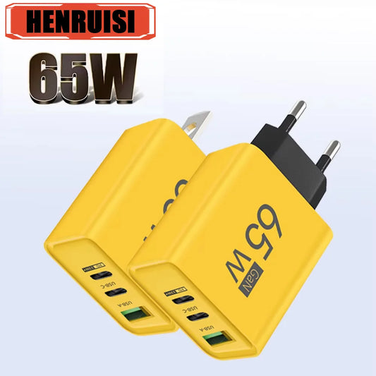 GaN 65W USB Charger Fast Charging Type C Mobile Phone Adapter For iPhone 16 15 14 Samsung Huawei Quick Charge 3.0 Wall Charger