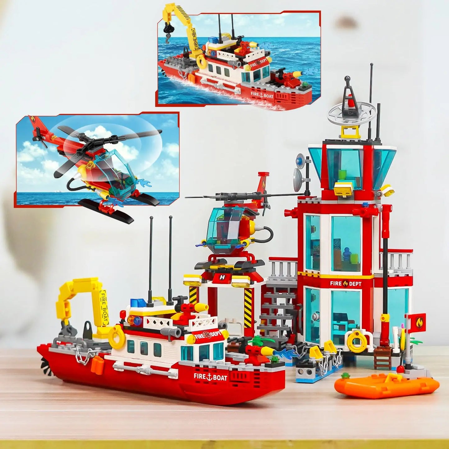 City Oceans Fire Station Building Kit fire Station Set with Fire Station/Fire Helicopter/Fire Ship/Rescue Boat, Gifts for Boys