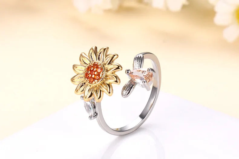 Rotating Sunflower Rings for Women Anti Anxiety Stainless Steel Ring Birthday Wedding Luxury Jewelry Gifts Adjustable Ring