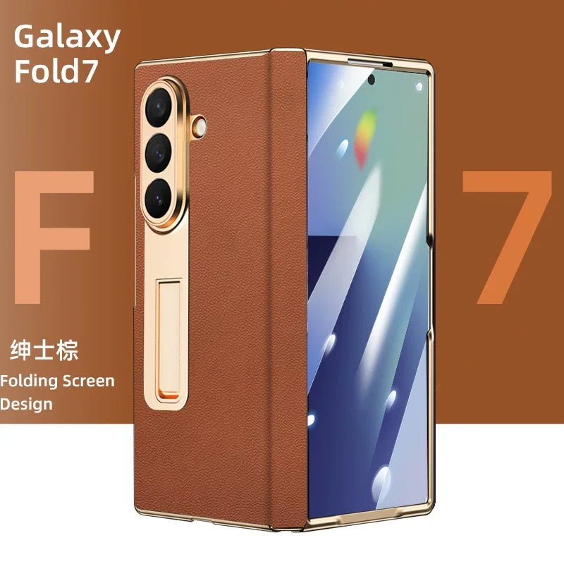 Luxury Leather Cover For Samsung Z Fold 7 6 5 Case Plating Stand Hinge Front Glass Screen