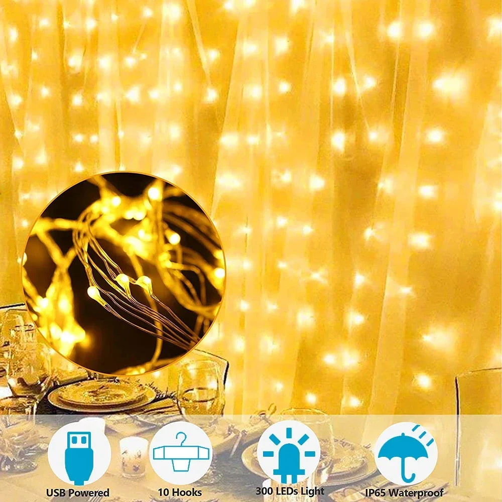 3m Fairy String Lights USB Remote Control 8 Modes USB LED Curtain Garland Festoon Christmas Wedding Decoration for Home Bedroom