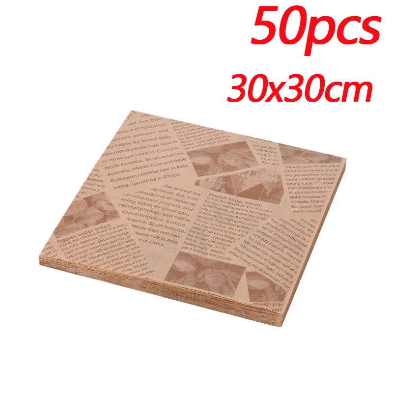 50pcs Oil-Proof Paper Food Wrapping Paper Baking Sandwich Burger Fries Fried Food Wrapping Paper Plate Mat Accessories