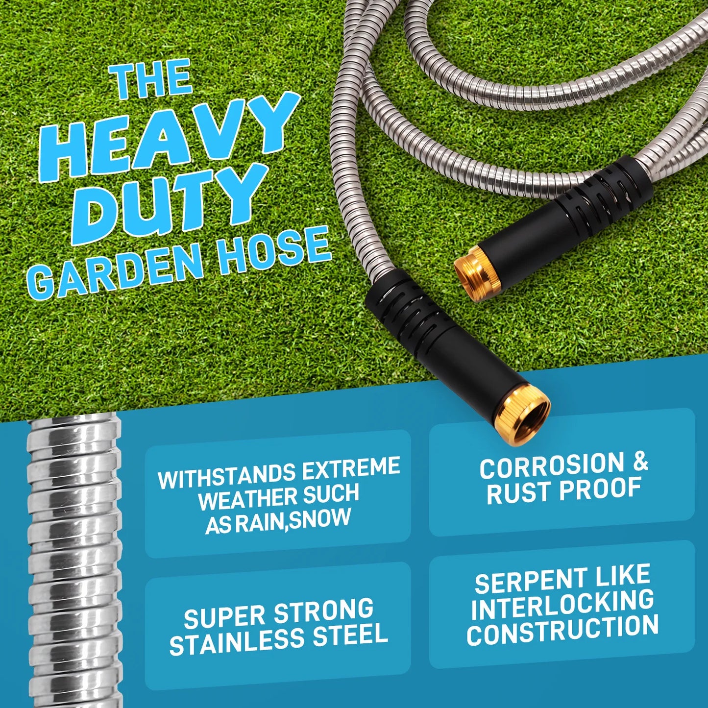 GardenJoy Stainless Steel Garden Hose With 10 Function Nozzle 3/4" Connectors Metal Garden Hose Flexible Kink Free & Tangle Free