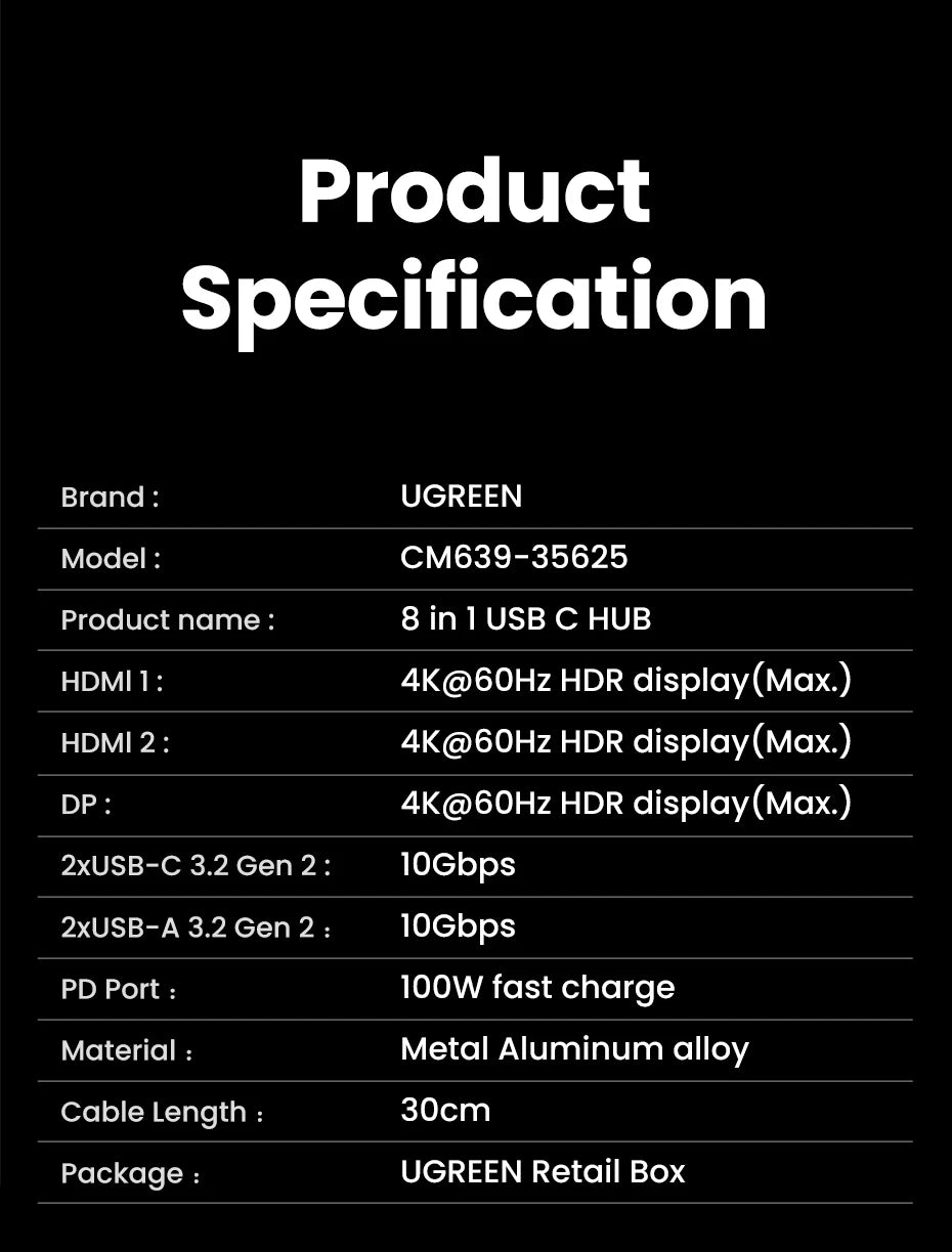 UGREEN Triple Display USB C HUB 10Gbps 4K HDMI Adapter 8-in-1 Splitter with HDMI DP USB3.2 PD 100W Dock for MacBook Pro Air PC