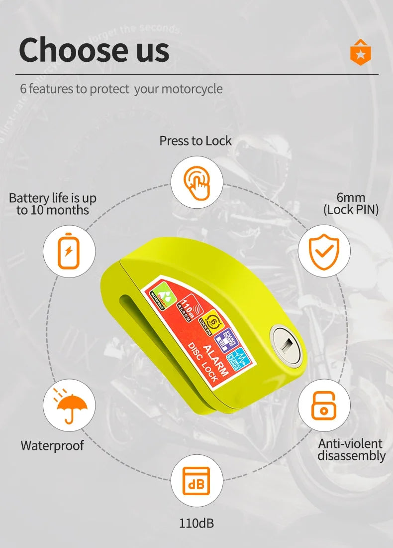 Motorcycle Scooter Bicycle  Alarm Lock Wheel Disc Brake Waterproof Anti-Theft Aluminum Alloy Safety Brake Lock Moto Aaccessories