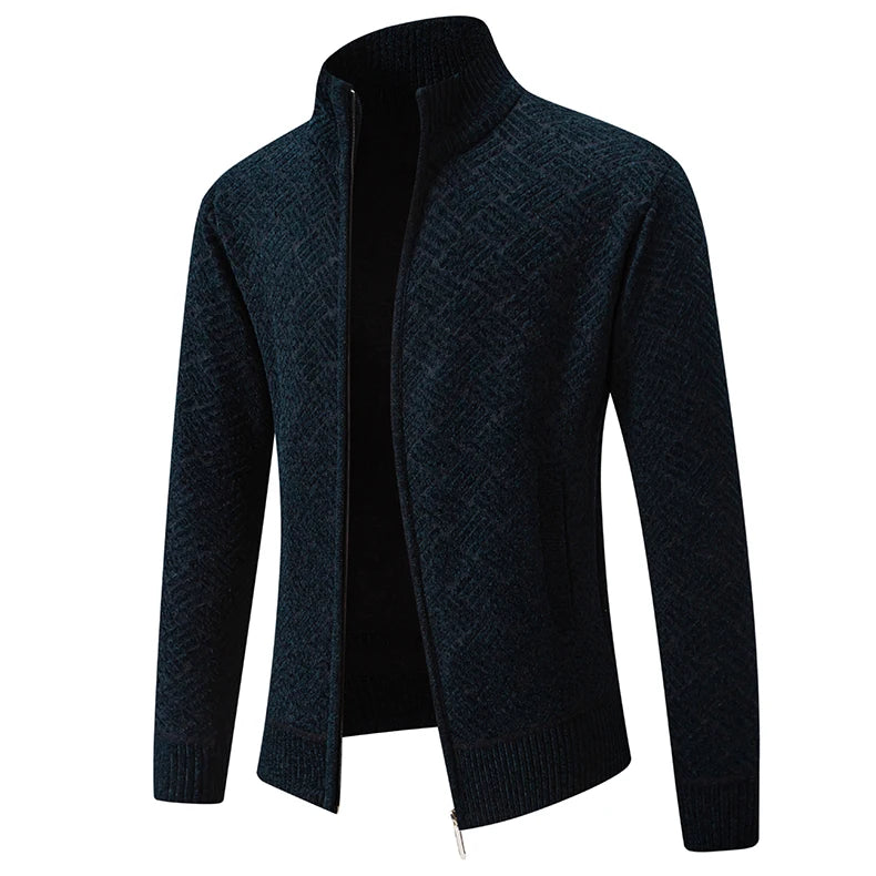 Mens Sweaters Jacket Full Zip Fleeced Sweater Cardigan Plaid Stand Collar Sweaters Coat Autumn Winter Homme Clothes