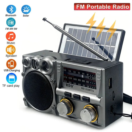 Portable FM AM SW Radio Solar  Radio Receiver Bluetooth Speaker TF Card USB Drive MP3 Music Player Rechargeable Battery
