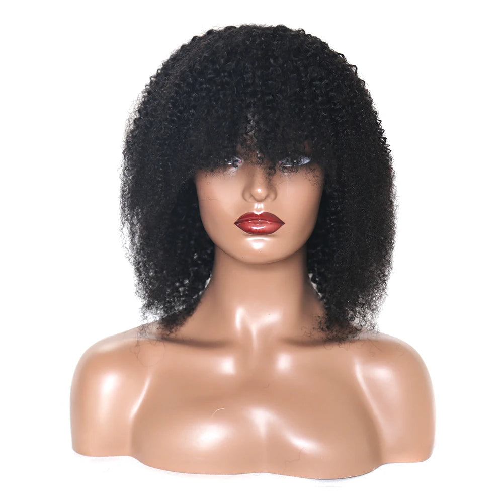 Afro Kinky Curly Human Hair Wigs with Bangs 10-16 Inches Natural Color Glueless Curly Fringe Wig Remy Brazilian Hair for Women