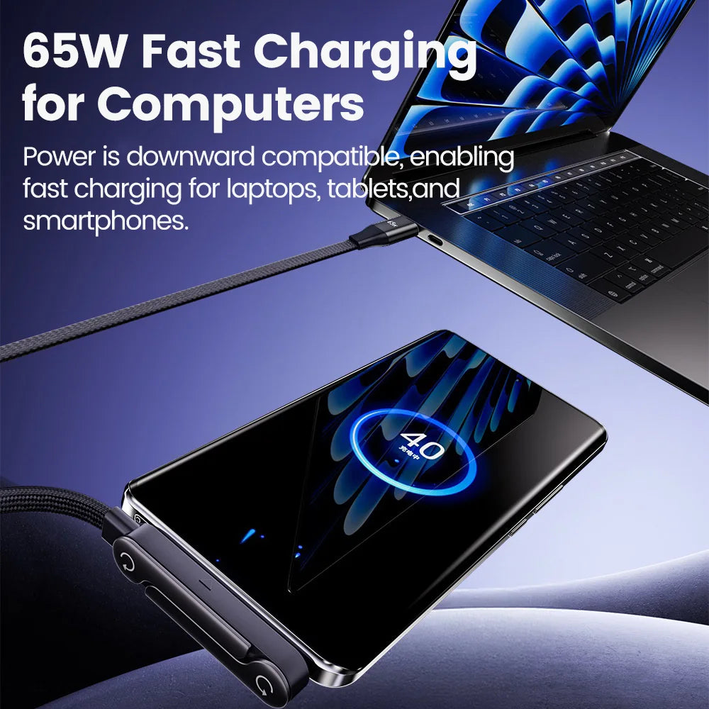 65W 2 in 1 USB A To USB C Fast Charging Foldable Phone Holder Data Cable USB Type C Builtin Desk Bracket Wire For Huawei Samsung