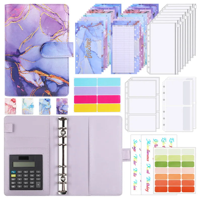 A6 Marble with Calculator Money Budget Planner Binder Zipper EnvelopesCash Envelopes For Budgeting Money Organizer Binde