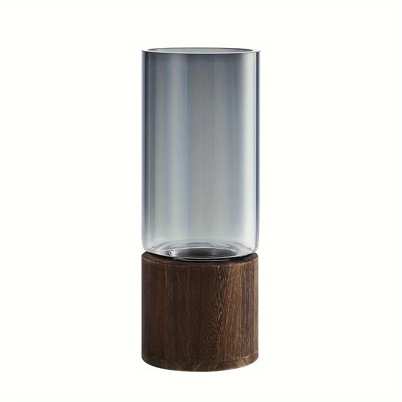 Elegant Glass Vase with Wooden Base for Hydroponic Plants,  Modern Tabletop Floral Arrangement Home Decoration