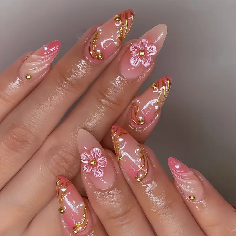 24PCS 3D Sweet Pink Flower Almond Press on False Nails with Yellow French Diamonds Fake Nails Artificial Wearable Tips with Glue