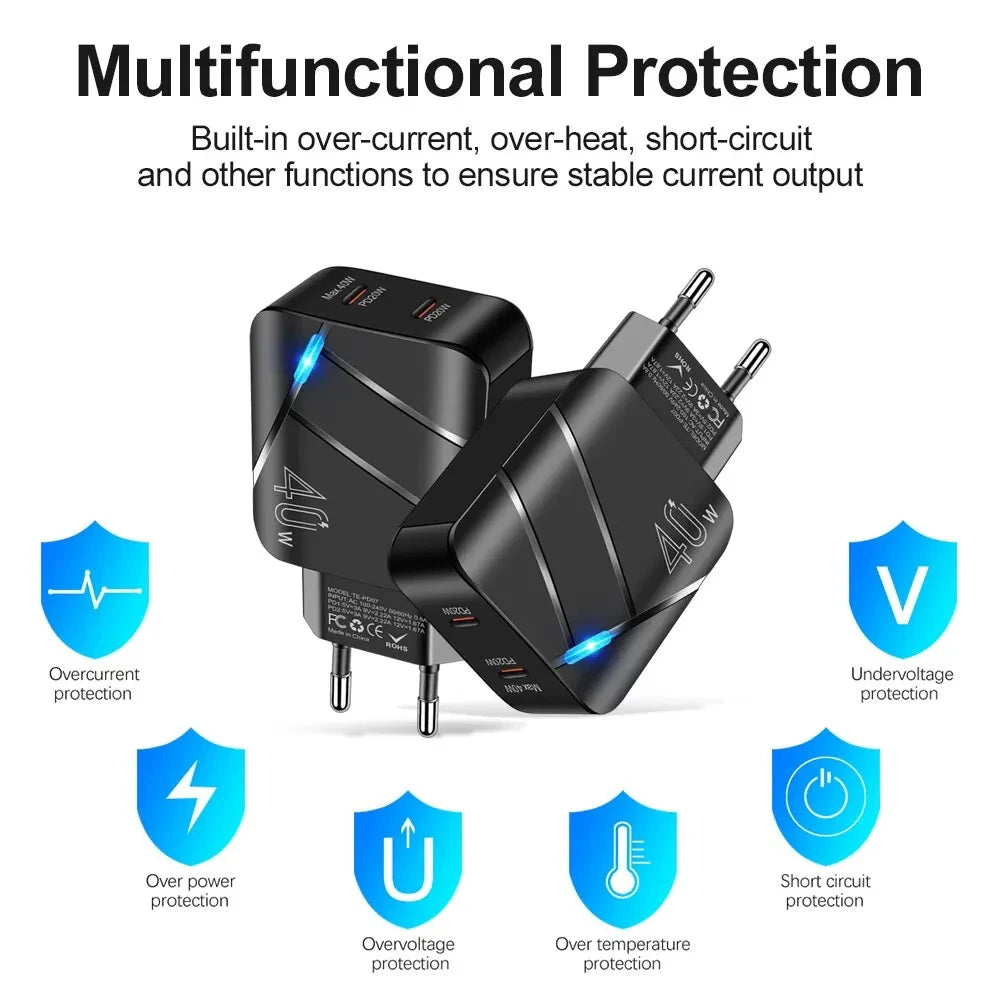 40W Charger Dual PD Fast Charging Type C Mobile Phone Adapter For Xiaomi 13 iPhone 15 14 Pro Samsung Huawei USB C Quick Charger
