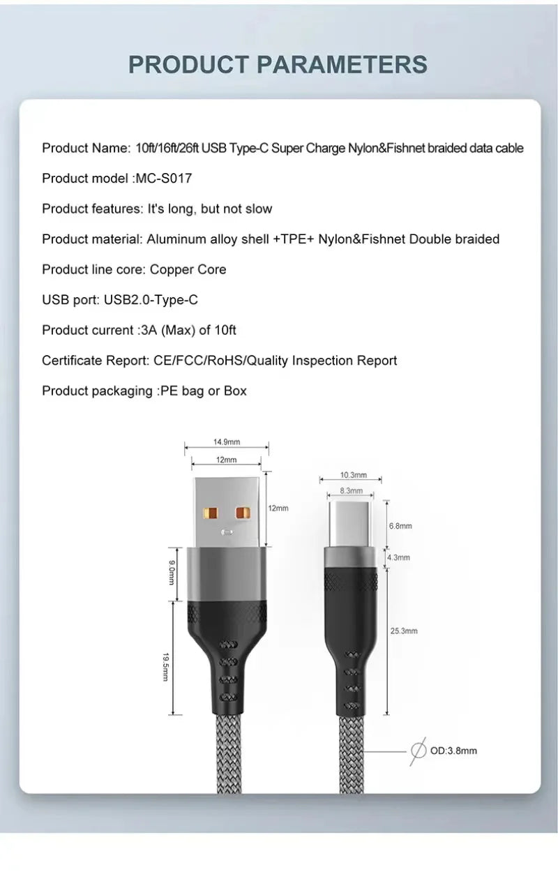 USB C 6A Super Fast Charge Cable for Huawei 8m 5m 3m 2m 1m USB TYPE-C Equipment Cable for Samsung Xiaomi OPPO OnePlus VR Camera