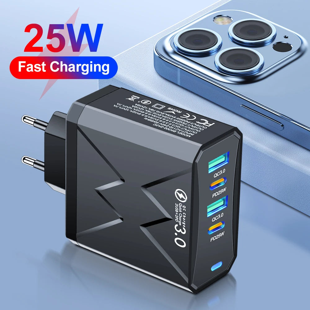 PD 25W USB C Charger 4 Ports 45W Fast Charging Type C Phone Adapter For iPhone 15 14 Samsung Xiaomi Quick Charge3.0 Wall Charger