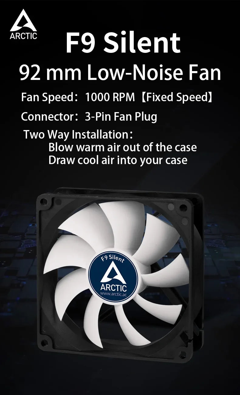 ARCTIC F9 Silent - 92 mm Low Noise Fan, Extra quiet motor, Almost inaudible,  Fan Speed: 1000 RPM Fixed Speed, 3-Pin Connector