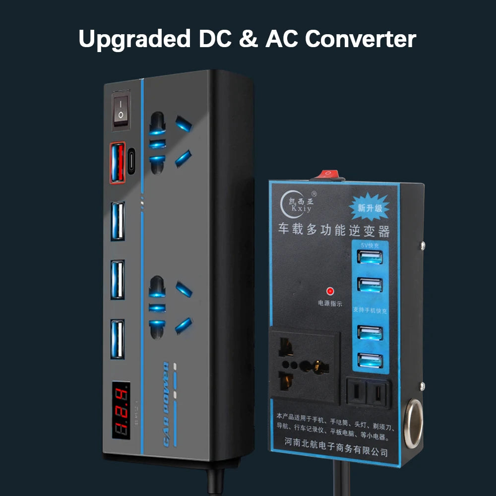 DC 12V/24V to AC 110V/220V Converter USB/PD/Type-C Chargers 200W 8 Ports Sockets ON/OFF Switch Power Adapter Car Inverter QC 3.0