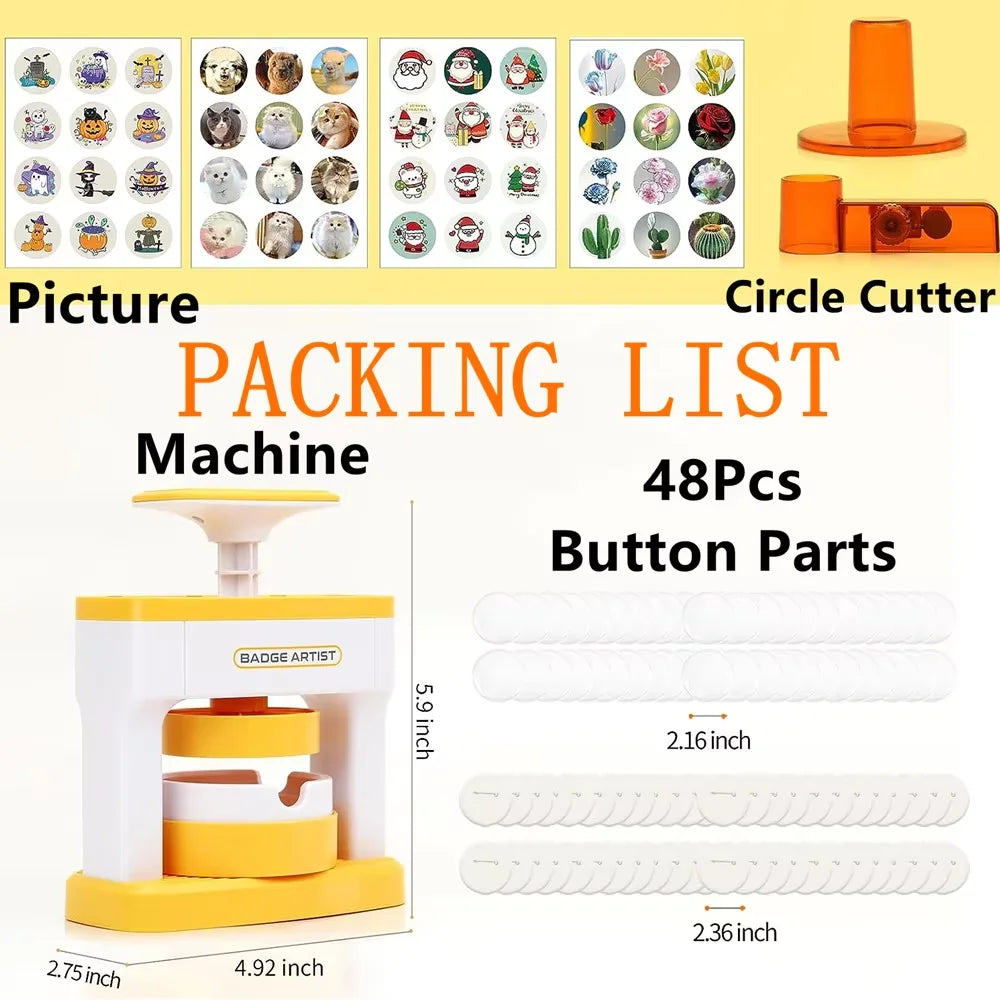 Kid Gift Badge Button Maker Machine Set, DIY Pin Button Press Badges Maker Machine with 48Pcs Button Parts+Picture+Circle Cutter