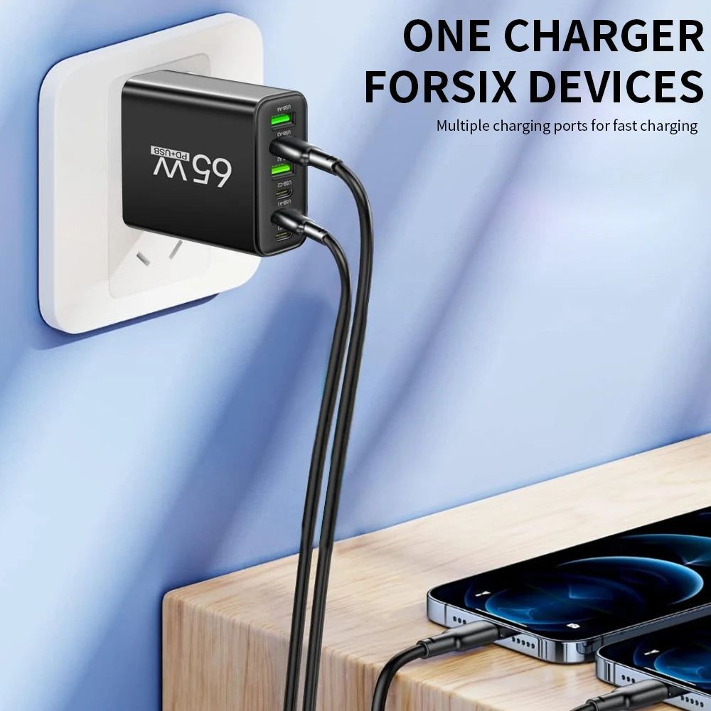 Total 65W 6 in 1 4 USB 2 Type C Charger QC3.0 Fast Charging Wall Charger For iPhone Samsung Xiaomi Huawei Mobile Phone Adapter