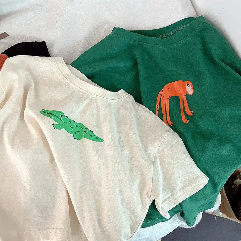 Animal Pattern Baby Boys Girls Short Sleeve Tops Kids Tees Summer Clothing Loose Fashion Trendy Children's Wear T-shirt O-neck