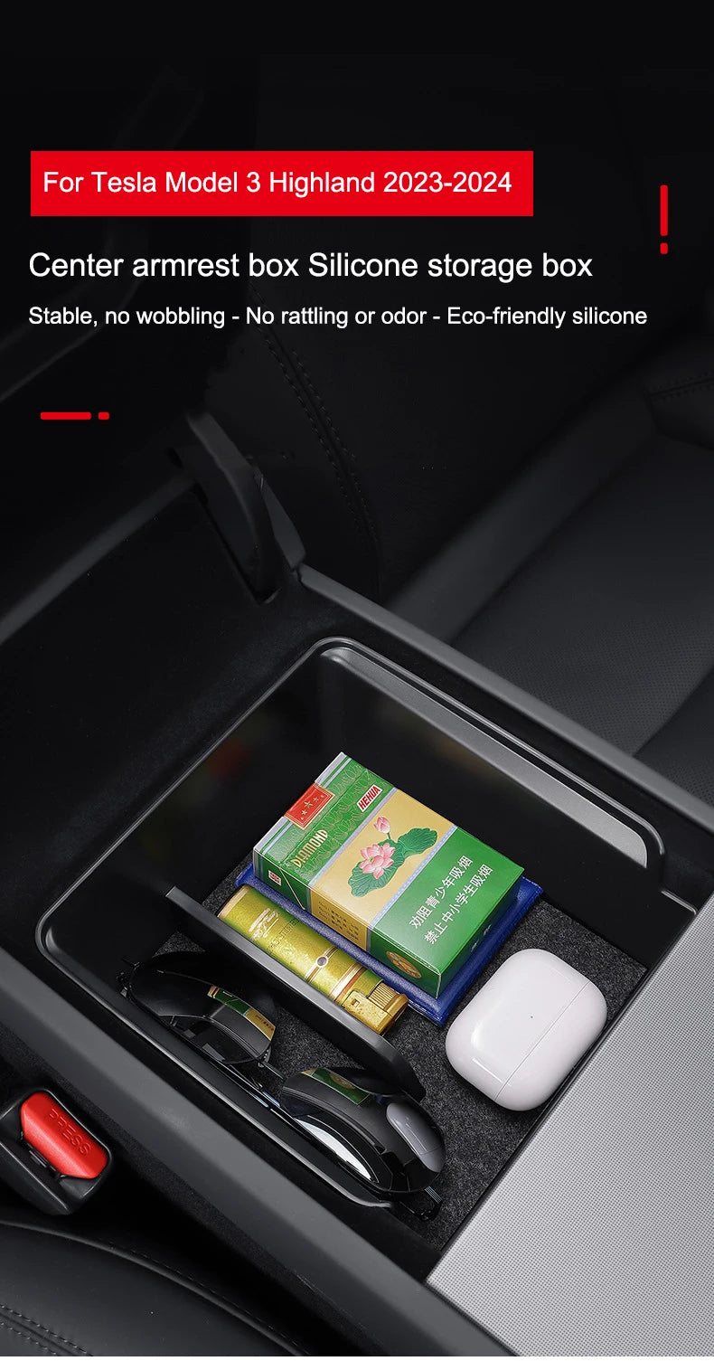 For Tesla Model 3 Highland 2024 Storage Box Flocking New Model 3+ Center Console Armrest Storage Box Stowing Tidying Cup Holder