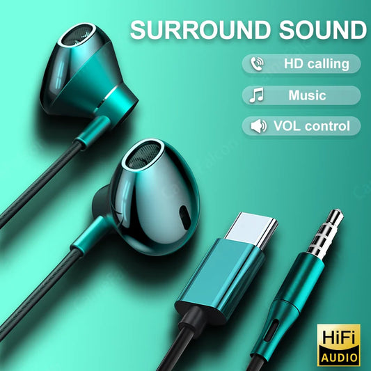 HiFi USB Type C Headphone Bass Stereo Volume Control Earbud  Mic 3.5mm Wired Earbuds For Galaxy Samsung S24 S23 Xiaomi Computer
