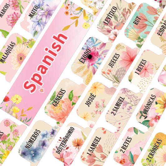 75pcs Floral Spanish Bible Tags - Laminated, Large Print Neutral Bible Tabs,Easy-To-Read Sticker Tags