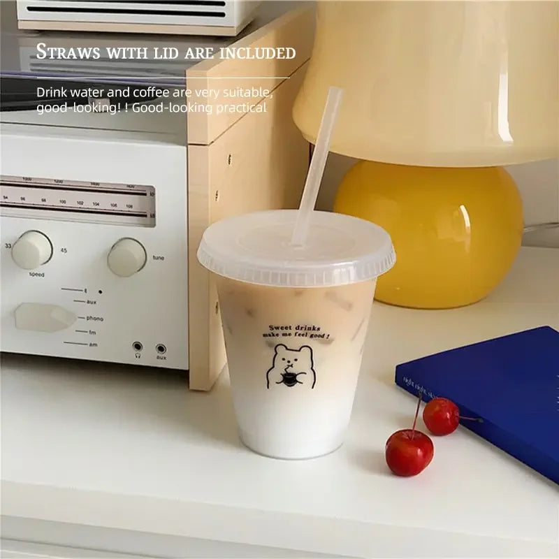 Cartoon Bear Pattern Large Capacity Plastic Straw Cup Handheld Beverage Cup Suitable For Coffee Milk Tea