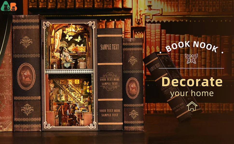 ATUBAN DIY Book Nook Kit, 3D Wooden Puzzle Miniature Dollhouse, Booknook Kit Bookend Bookshelf Insert Decor with LED Light