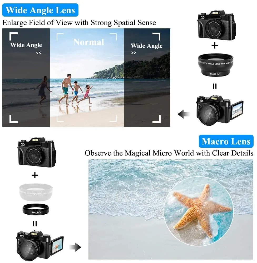4K HD Professional Digital Camera Camcorder WIFI Webcam Wide Angle 16X Digital Zoom 48MP Photography 3 Inch Flip Screen Recorder