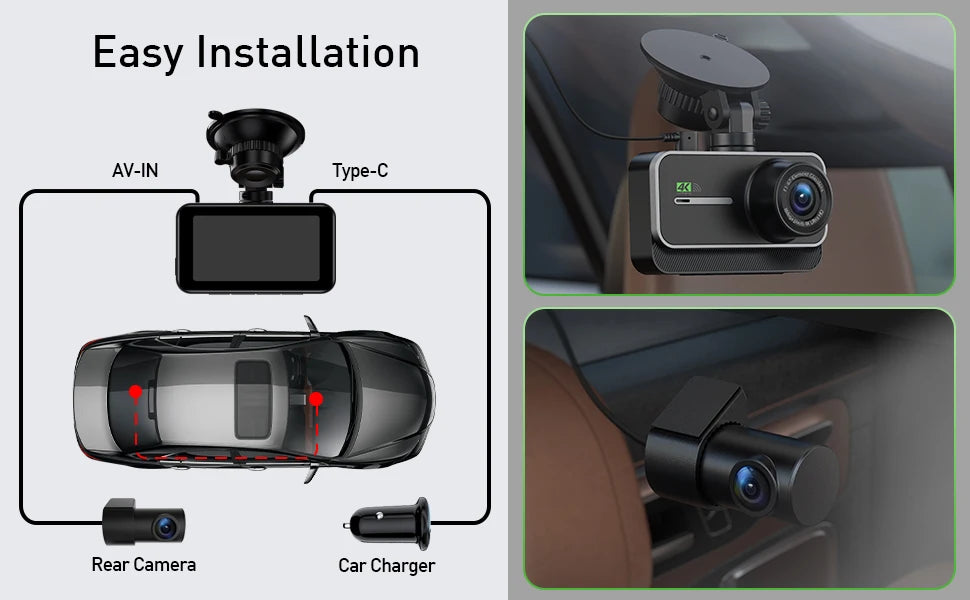 Dash Cam for Cars Car Camera Dash Cam 4K WIFI Camera for Car Front and Rear Dash Camera Black Box 24H Parking Mode Recorder
