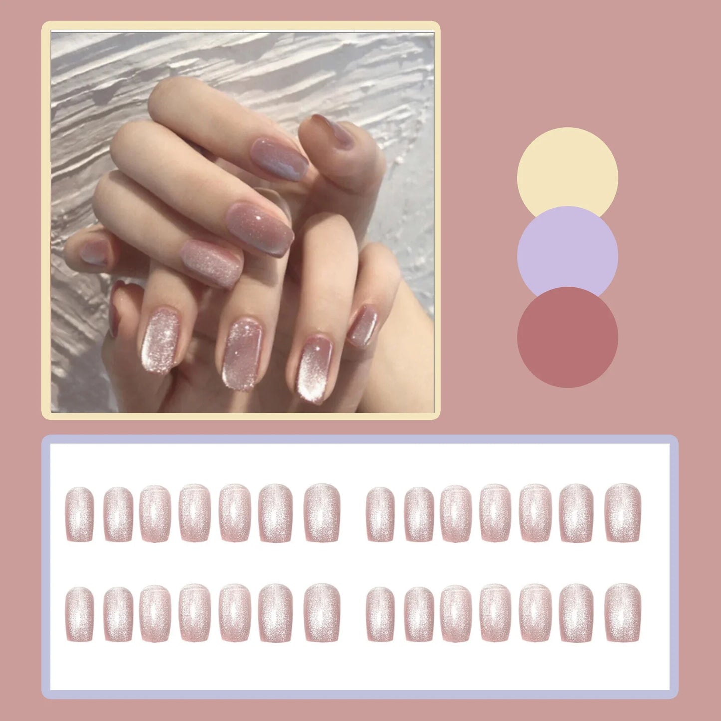 24Pcs Short Square Head False Nails Wearable Cat eye Glitter Sequins Diamond Fake Nails Full Cover Nail Tips Press On Nails