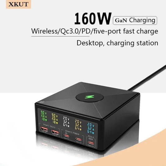 160W 5Port USB Charger Staion Hub With 15W Wireless Charger LCD Display USB-C QC3.0 PD 65W Quick Charger For iPhone 14 13 Xiaomi