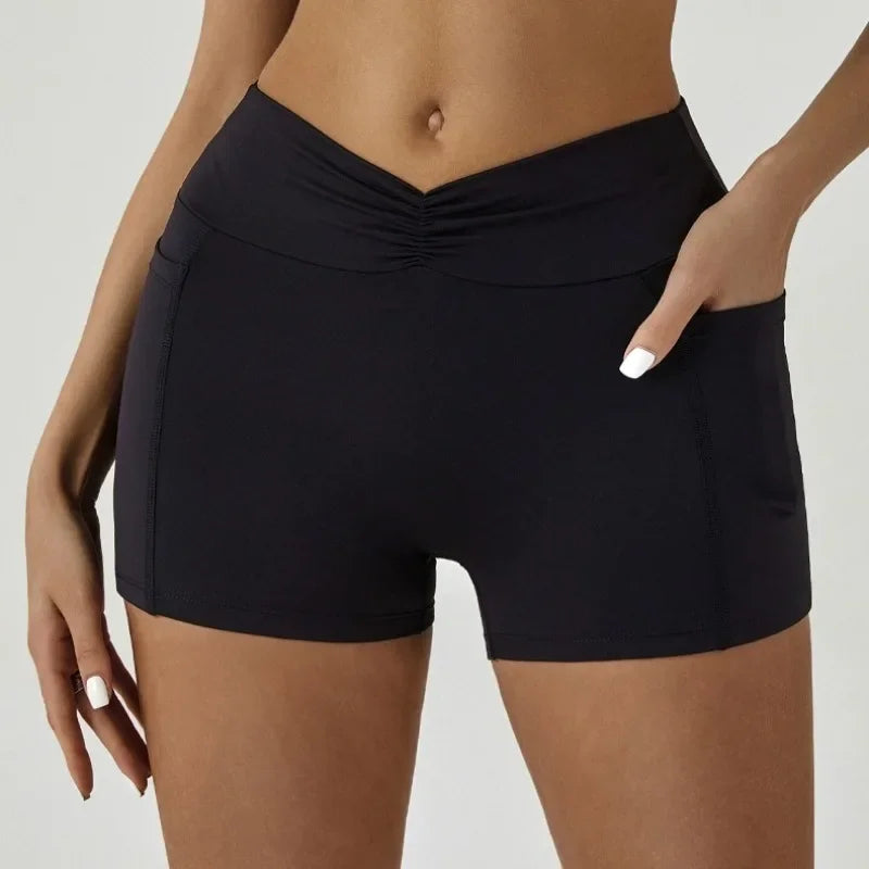 Tight Fitting Hip Yoga Shorts Pockets Women High Waisted Fitness Outdoor Leggings Scrunch Lifting Yoga Biker Shorts