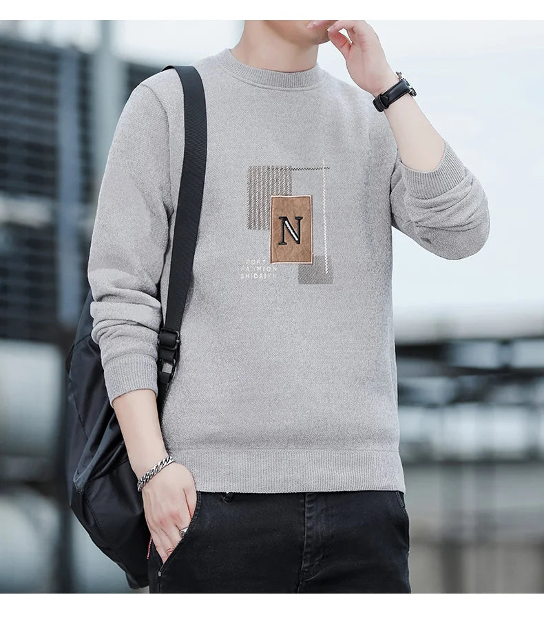 Autumn Winter Fashion Sweater Men's Round Neck Pullovers Fleece Thick Warm Jumpers Pattern Patchworked Men's Clothes