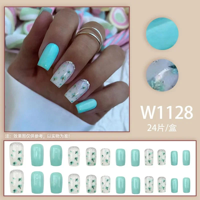 Black Ink Style Fake Nail with Jelly sticker Press on False Nails Wearable Round Head Oval Full Cover Nail Tips