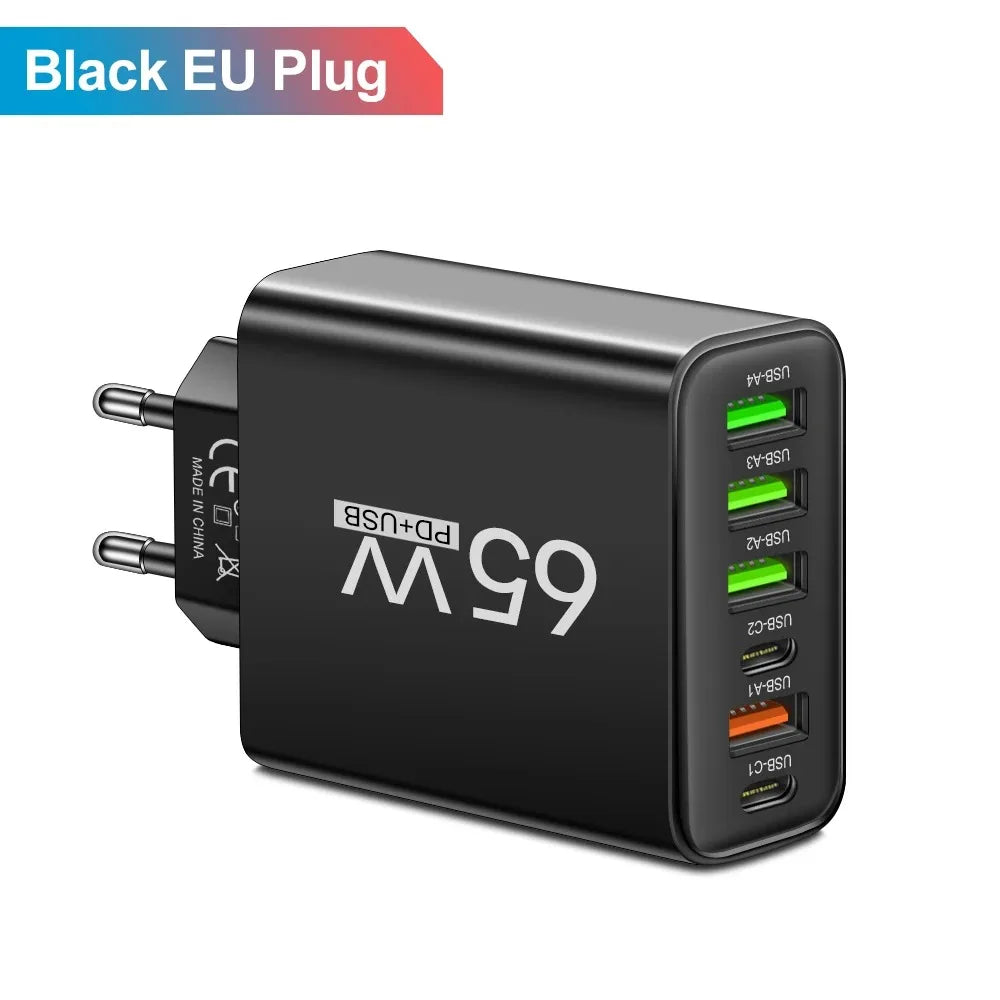 Multi Ports USB Charger 65W 6 in 1 Fast Charging Type C Phone Adapter For iPhone Samsung Xiaomi Huawei EU/US Plug Wall Charger