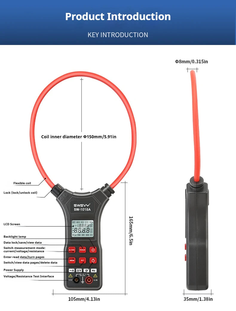 SWEVY SW1018A LCD Backlight Digital Flexible Current Clamp 0 mA - 9999A AC/DC Voltage, AC Current, and Resistance Test Multimete