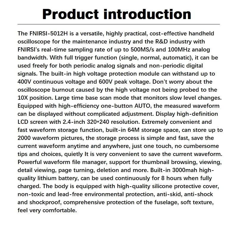 FNIRSI 5012H Handheld Digital Oscilloscope 500MS/s Sampling Rate 10MHz Analog Bandwidth 2.4 Inches Support Waveform Storage