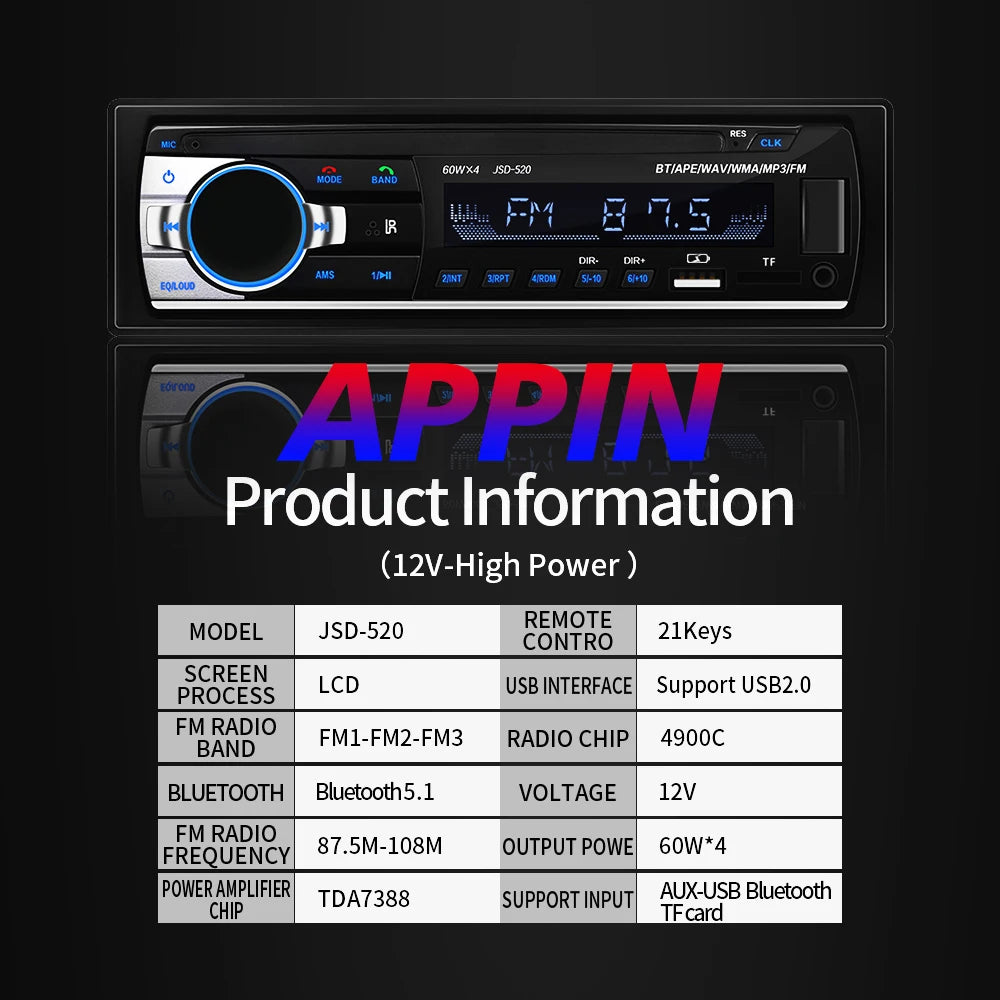 (Factory Direct Sales) Car Mp3 Player Stereo 60W*4 12v/24v Car Truck Usb/Tf/Fm/Aux Bluetooth Audio Radio