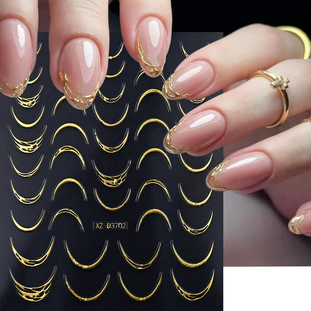 12Pcs Gold/Silver Tasse/Line/Star/Moon 3D Nail Art Stickers Leaf/Geometric Design Self-adhesive Sliders Luxury Manicure Decals