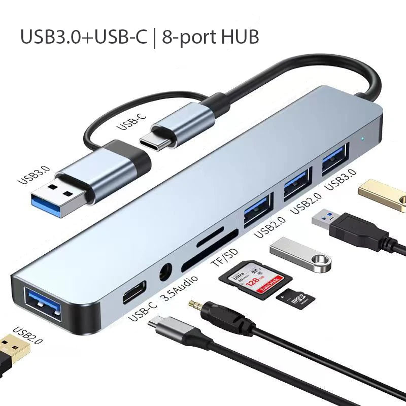 8 In 2 USB HUB With Splitter Card Reader, USB C Port, USB 3.0, SD/TF Splitter Card Reader, Docking Station