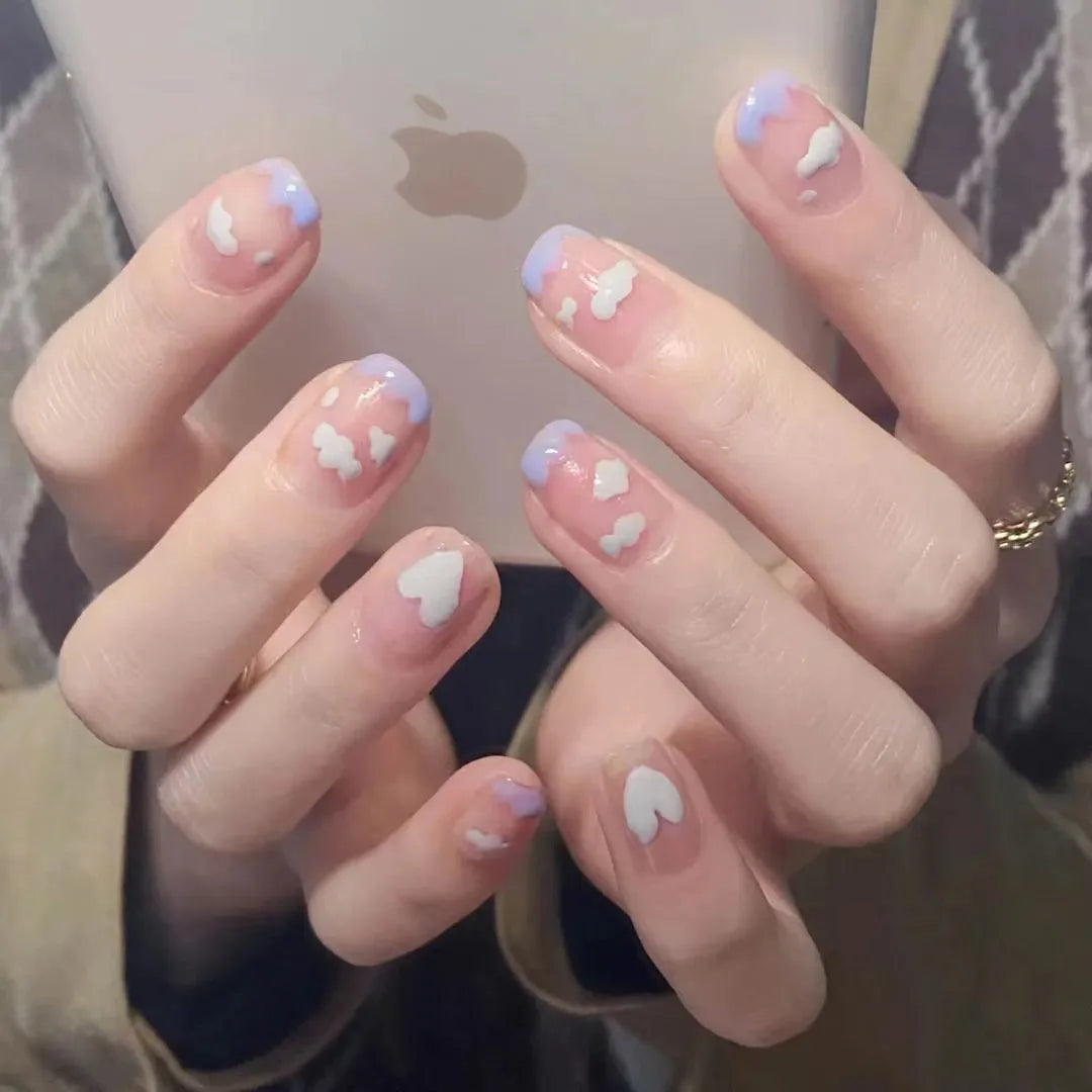 24Pcs/Box Short Square Head Wearing False Nails Art Clouds Stars Pattern Fake Nails Full Cover Press on Nail Tips Manicure Tools