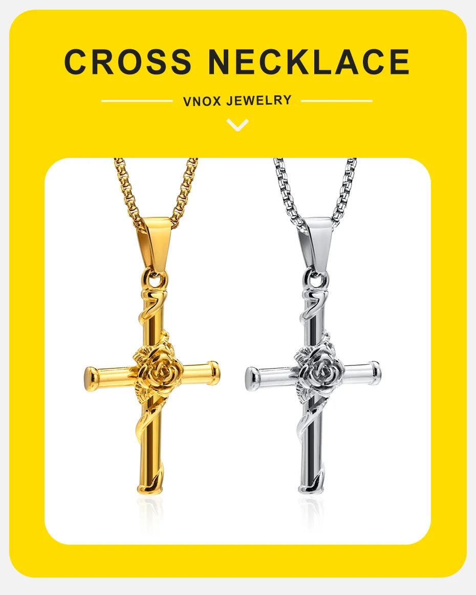 Vnox Men Cross Necklace, Stainless Steel Rose Cross Pendant with Box Chain, Unisex Cool Crucifix Jesus Faith Aesthetic Collar