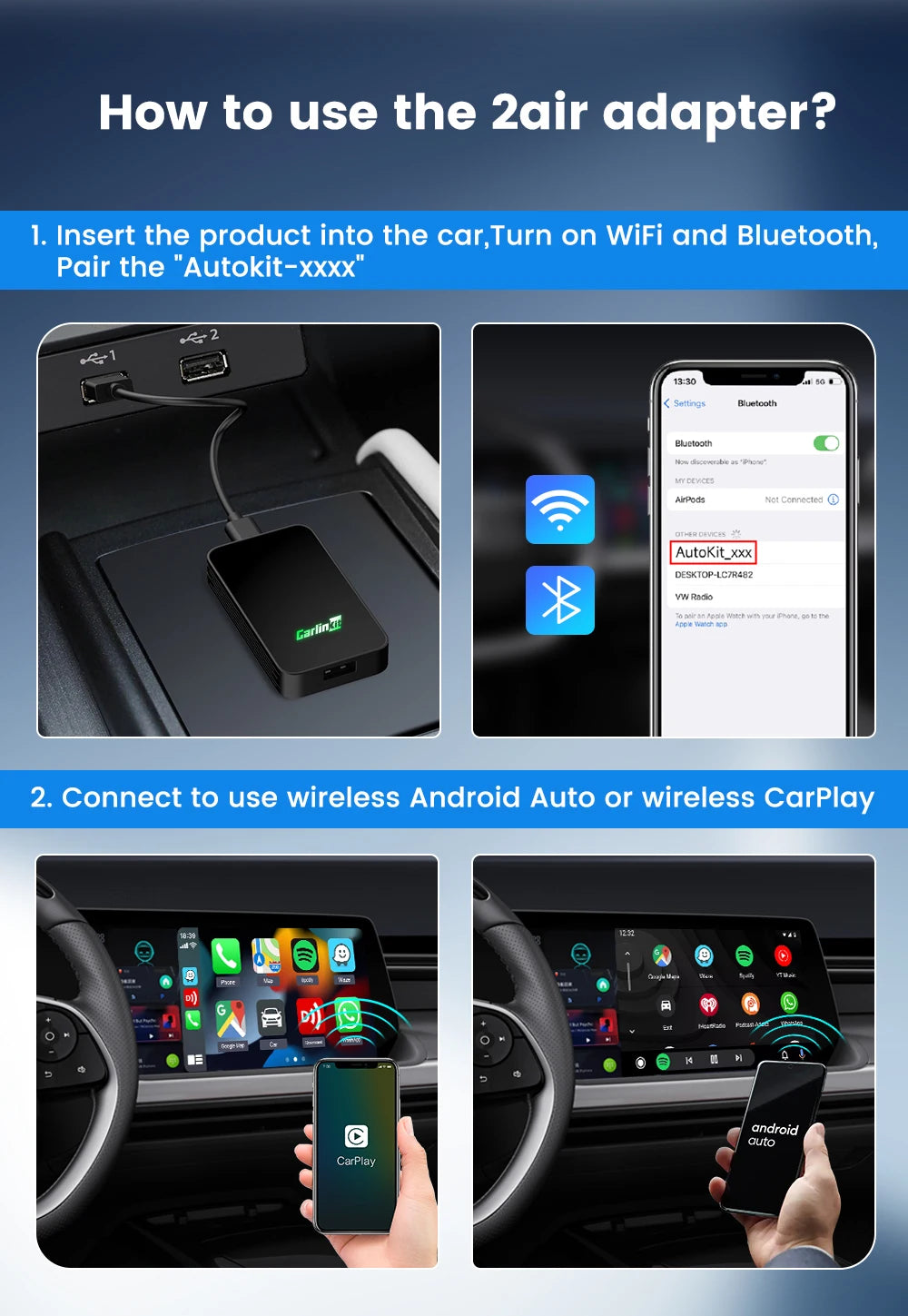 CarlinKit 5.0 Wireless CarPlay Android Auto Adapter 3 in 1 Wireless Car Adapter for Mazda Toyotal Peugeot Volvo Kia Spotify
